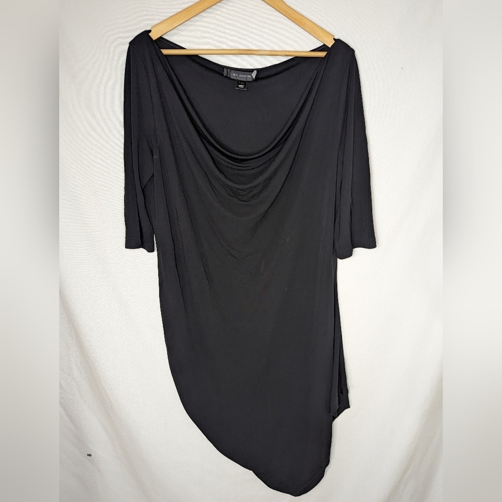 St John Black Asymmetrical Dress Size Large 3/4 Sleeves Drape Neckline